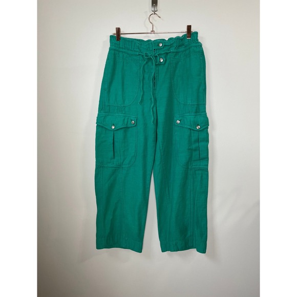 WE THE FREE Emerald Green Cargo Pants Paperbag Waist Drawstring Pockets Size L - Picture 2 of 6